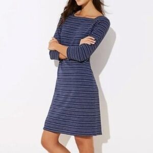 LOFT Blue/White Textured Stripe Square Neck Dress 3/4 Sleeve size Large …